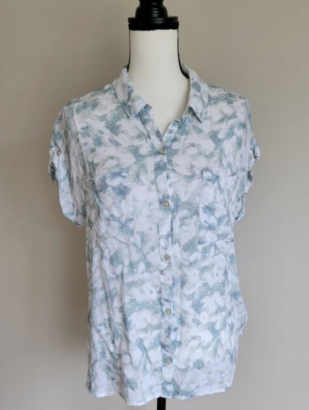 Anthropologie Cloth & Stone Green Tie Dye Collared Pockets Shirt Top Size Medium